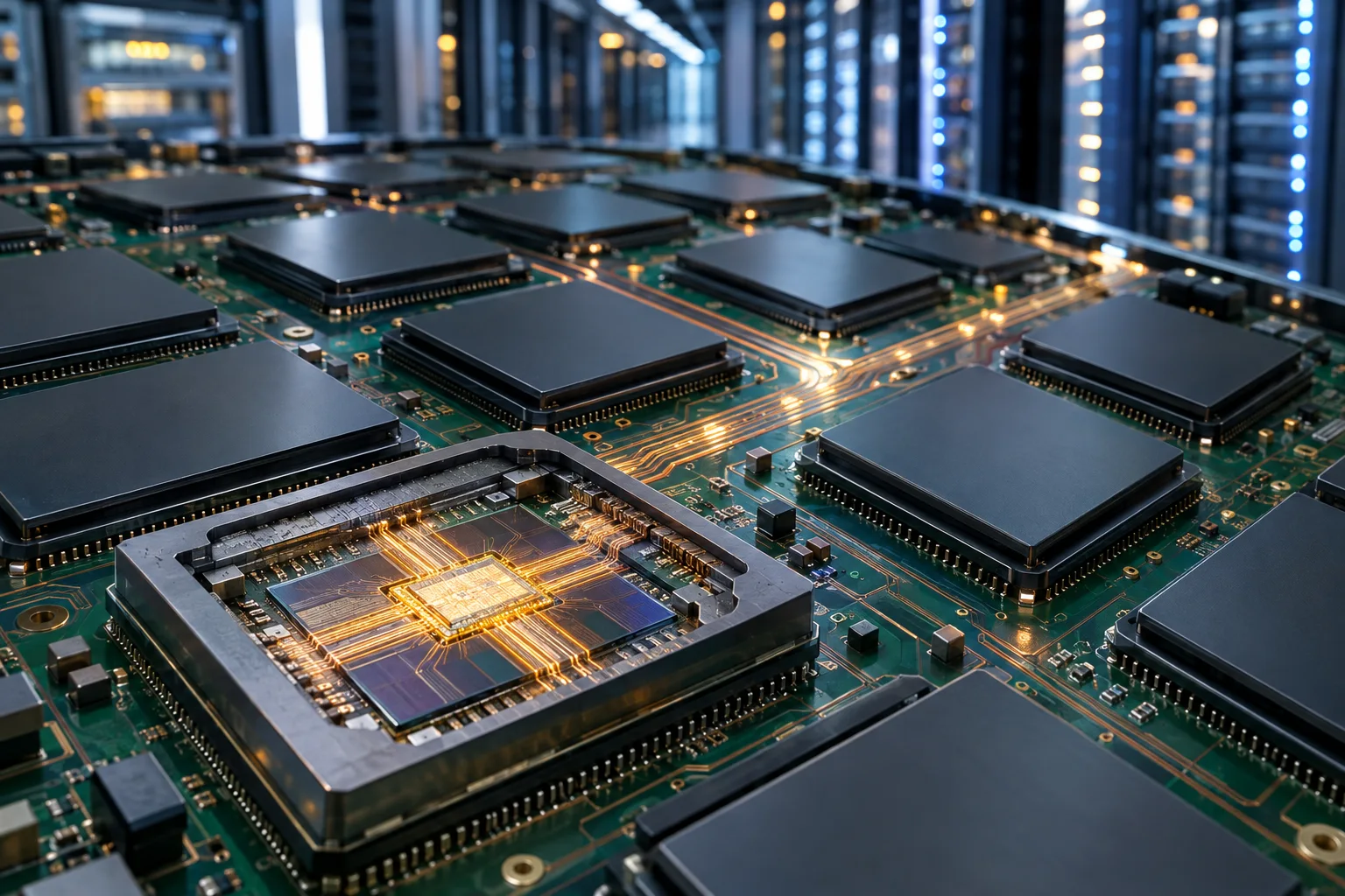 A close-up editorial illustration of a large AI compute assembly: a grid of dark, unlabeled processor packages mounted on a deep-green circuit board, with faint copper traces converging into a central dense interconnect bus that runs between the chips. One processor chip in the foreground is shown in detailed cutaway, revealing a die with a bright central routing hub and radiating data lanes, suggesting chips sharing information and coordinating as one system. In the background, out-of-focus rows of server trays recede in perspective, lit by cool blue-white light with warm amber accents along the bus. The composition is a low three-quarter view emphasizing the interconnect relationship rather than any single chip, with realistic silicon, metal and PCB materials and natural colours, and no text, logos or identifiable product markings.