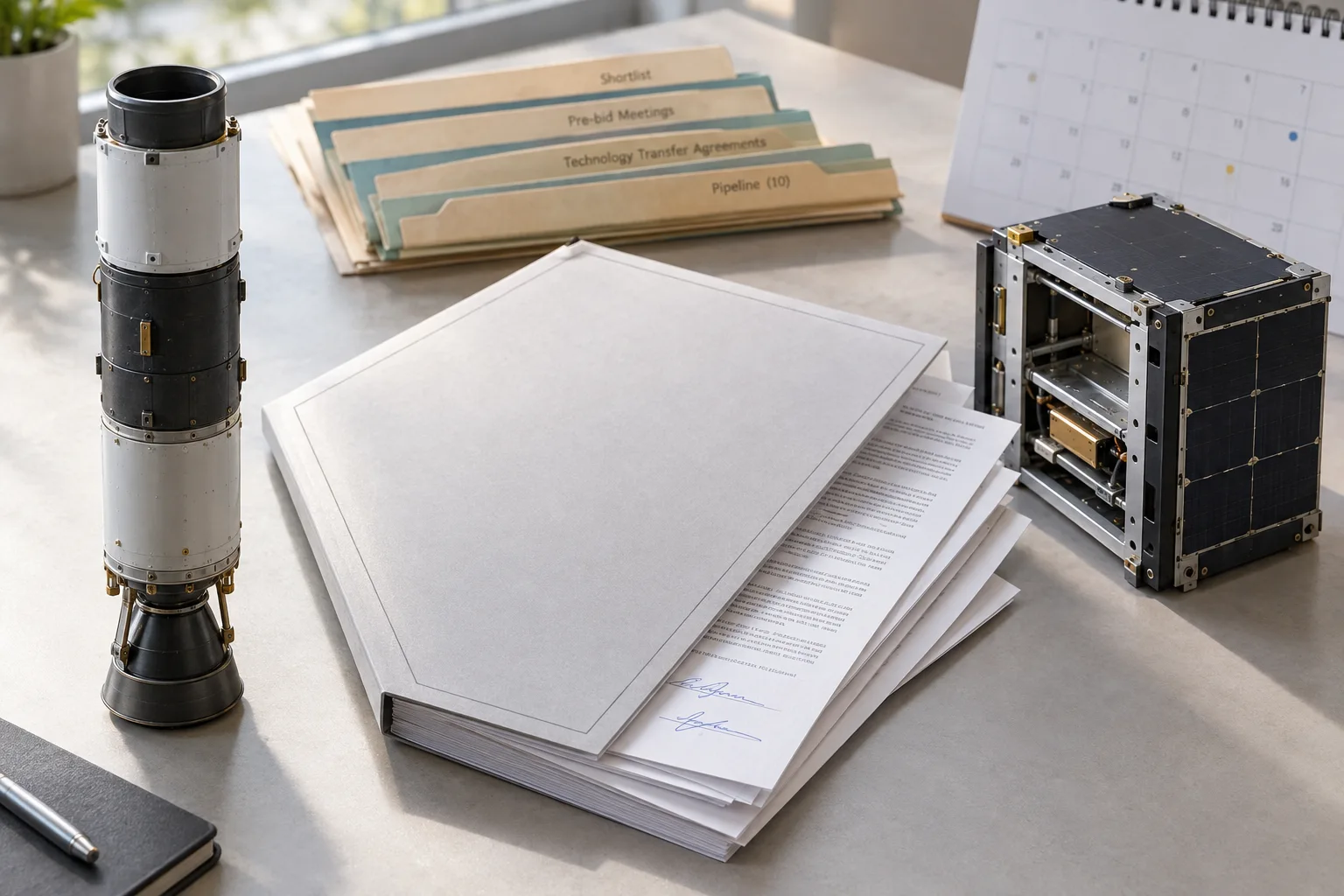 A clean editorial still life of India's space technology transfer paperwork trail: centre a thick printed technology-transfer agreement booklet, cover plain and unbranded, its pages fanned so a few dense typewritten pages with faint blue signature lines peek out. Supporting elements tied to the article: to the left, a small detailed solid-propellant rocket motor casing section, three stacked segments suggesting SSLV's all-solid three stages; to the right, a compact rectangular satellite bus frame about the size of a briefcase, open panel showing simple internal mounting rails. Behind, slightly out of focus, a shallow stack of fanned folder tabs and a wall calendar page to hint at shortlists, pre-bid meetings and a ten-agreement pipeline. Natural daylight from a high side window, soft grey shadows, muted materials of paper, anodized aluminium and matte composite; top-down three-quarter perspective, shallow depth of field on the booklet, composition reading left-to-right as build-up to signature. Non-branded, non-documentary, no logos, no identifiable officials.